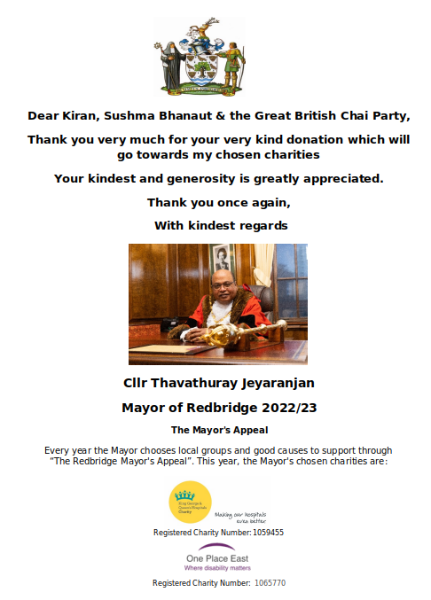 Thank you Note from the Mayor of Redbridge