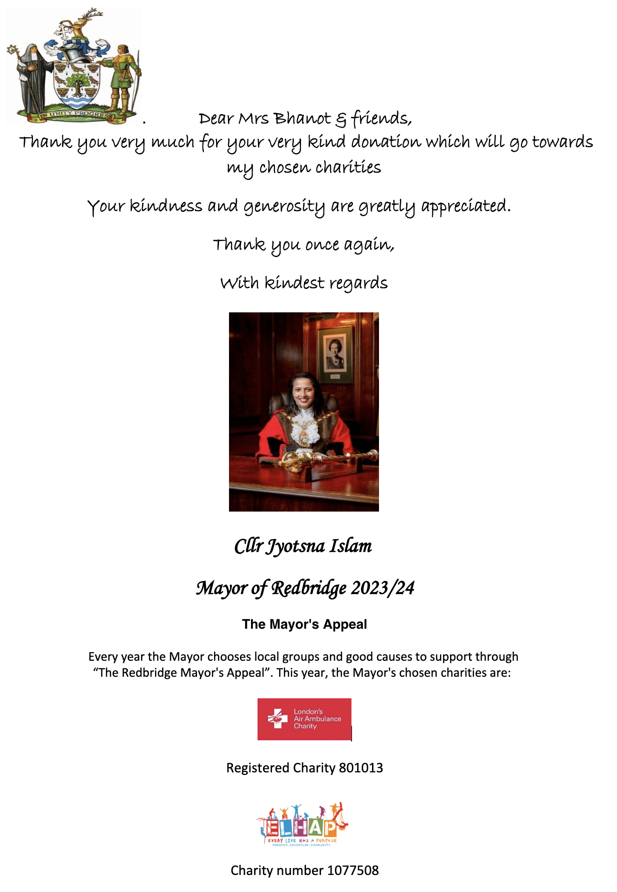 Thank you Note from the Mayor of Redbridge